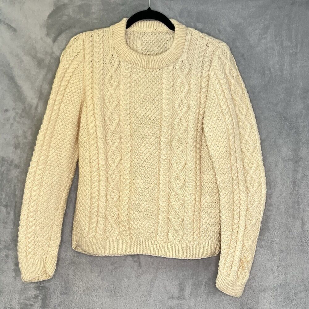 Vintage Hand‎ Knitted Wool Cable Knit Fisherman Sweater Chunky Sz M Unisex Ivory